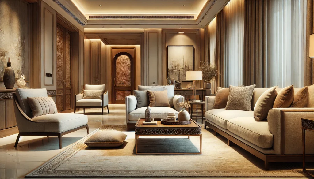 DALL·E 2025-01-07 23.07.32 - An inviting and stylish living room setup showcasing luxurious furniture from Ram Raj & Sons. The image features a modern sofa set with plush cushions